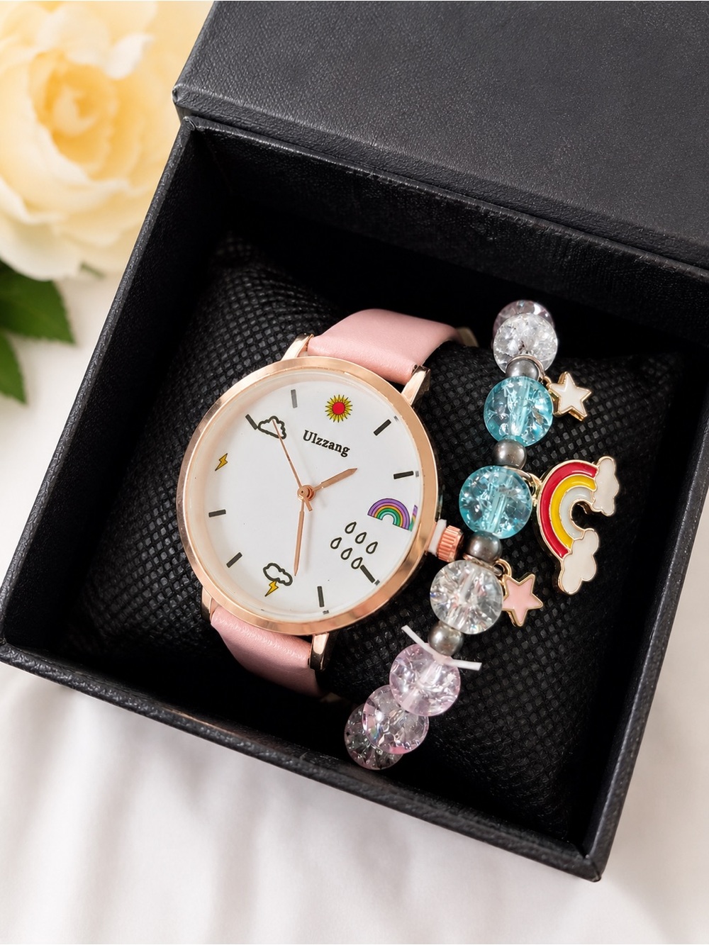 New! Girl’s Pink Leather Rainbow Dial Watch with Beaded Charm Bracelet